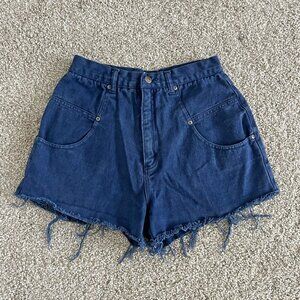 90s High Waist Indigo Blue Denim Cut Off Shorts Distressed Vintage Size 8